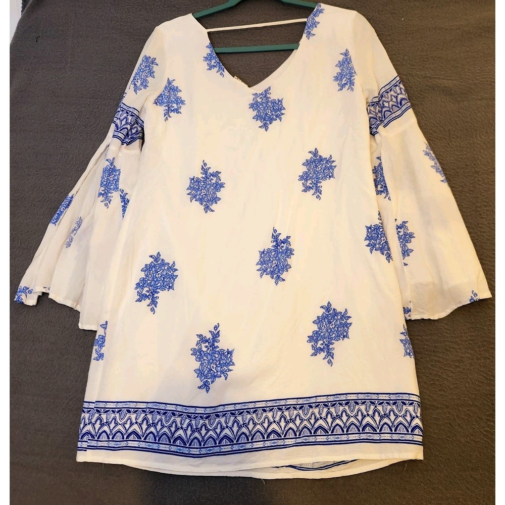 Pink Owl Tunic Mini Dress Sz S White Blue Floral Flared Bell Sleeve Boho Hippy - Picture 2 of 8